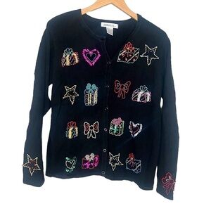 Arriviste Beaded Present and Bow Christmas Embroidered Sweater Large